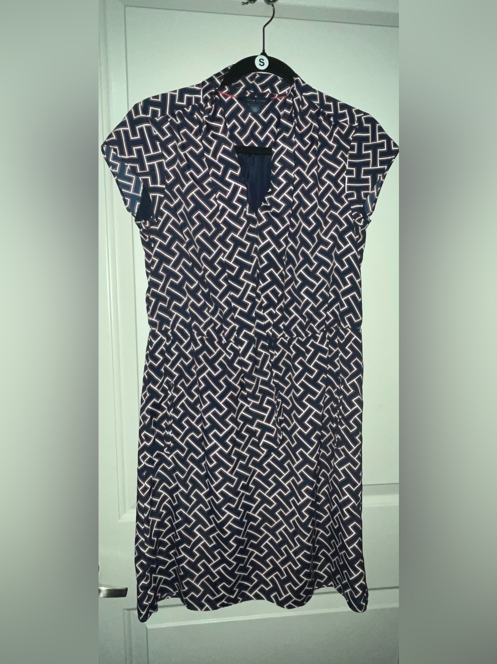 Tommy Hilfiger Navy and White Geometric Tie-Neck Tunic Dress